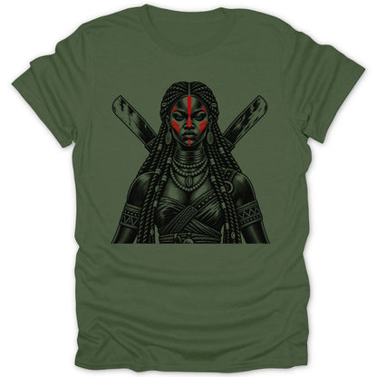 T-shirt with illustration of a warrior woman with red face paint and crossed weapons.