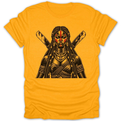 T-shirt with illustration of warrior woman with crossed weapons and tribal markings.
