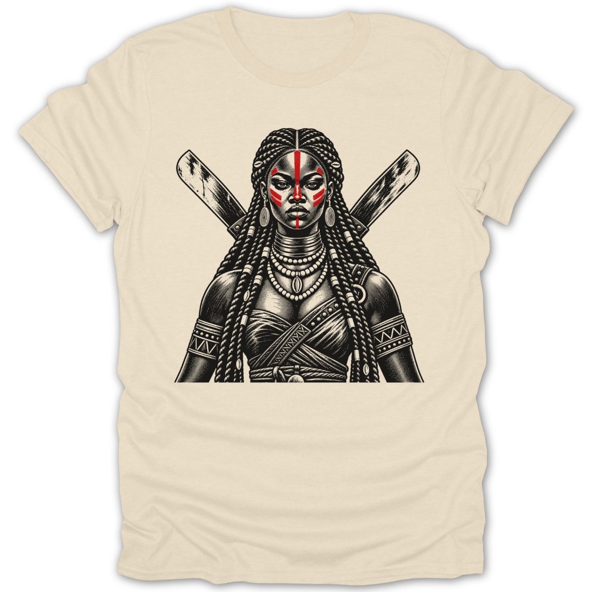 Illustration of a warrior woman with red face paint and crossed swords.