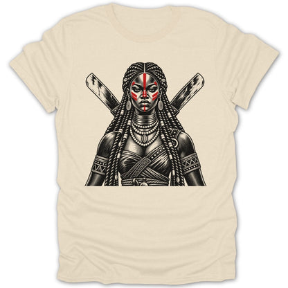 Illustration of a warrior woman with red face paint and crossed swords.