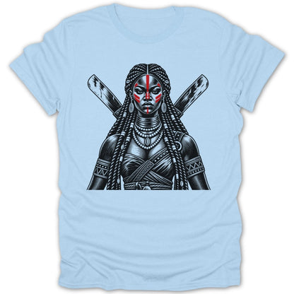 Warrior woman with red face paint and crossed weapons, black and white illustration.