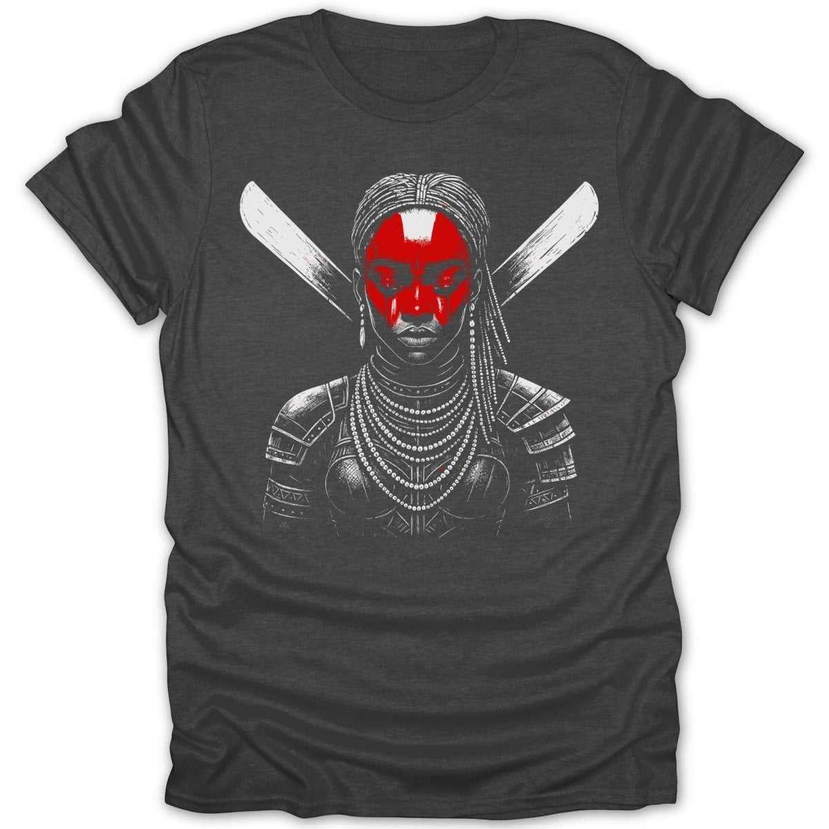 Dark grey t-shirt with tribal warrior graphic and crossed weapons.