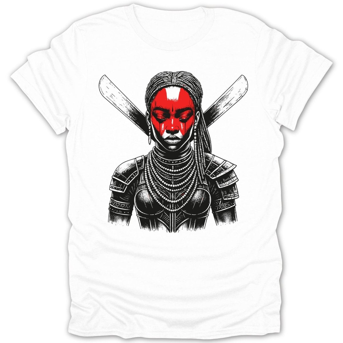 Illustration of warrior woman with red face paint and crossed blades on white t-shirt.