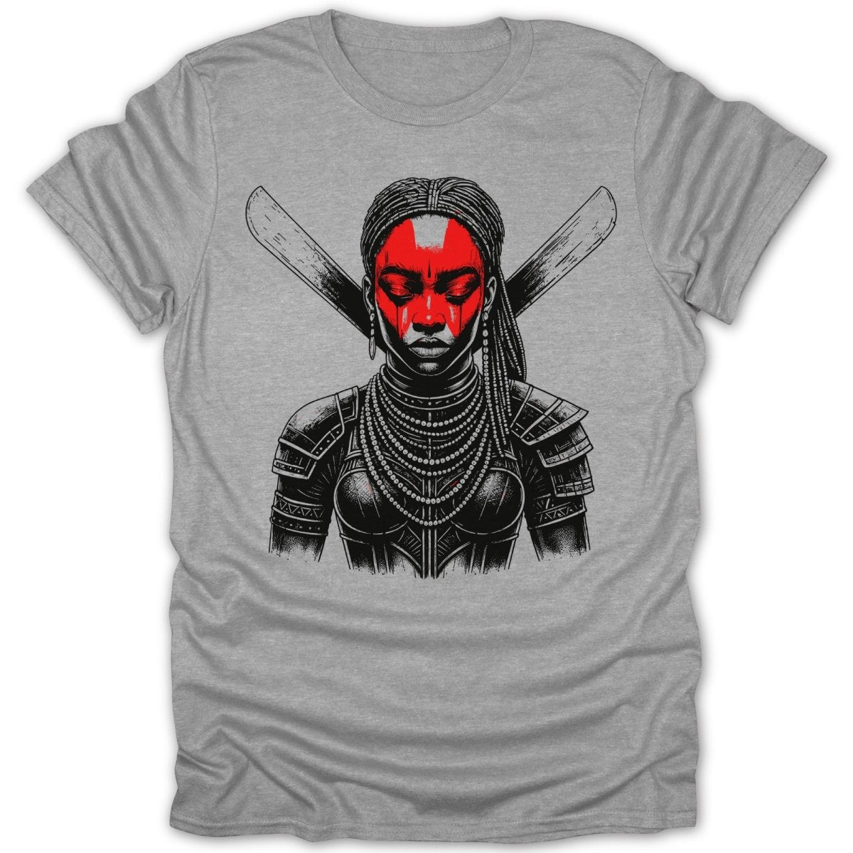 Black and white drawing of a warrior woman with red face paint and crossed axes on a grey t-shirt.