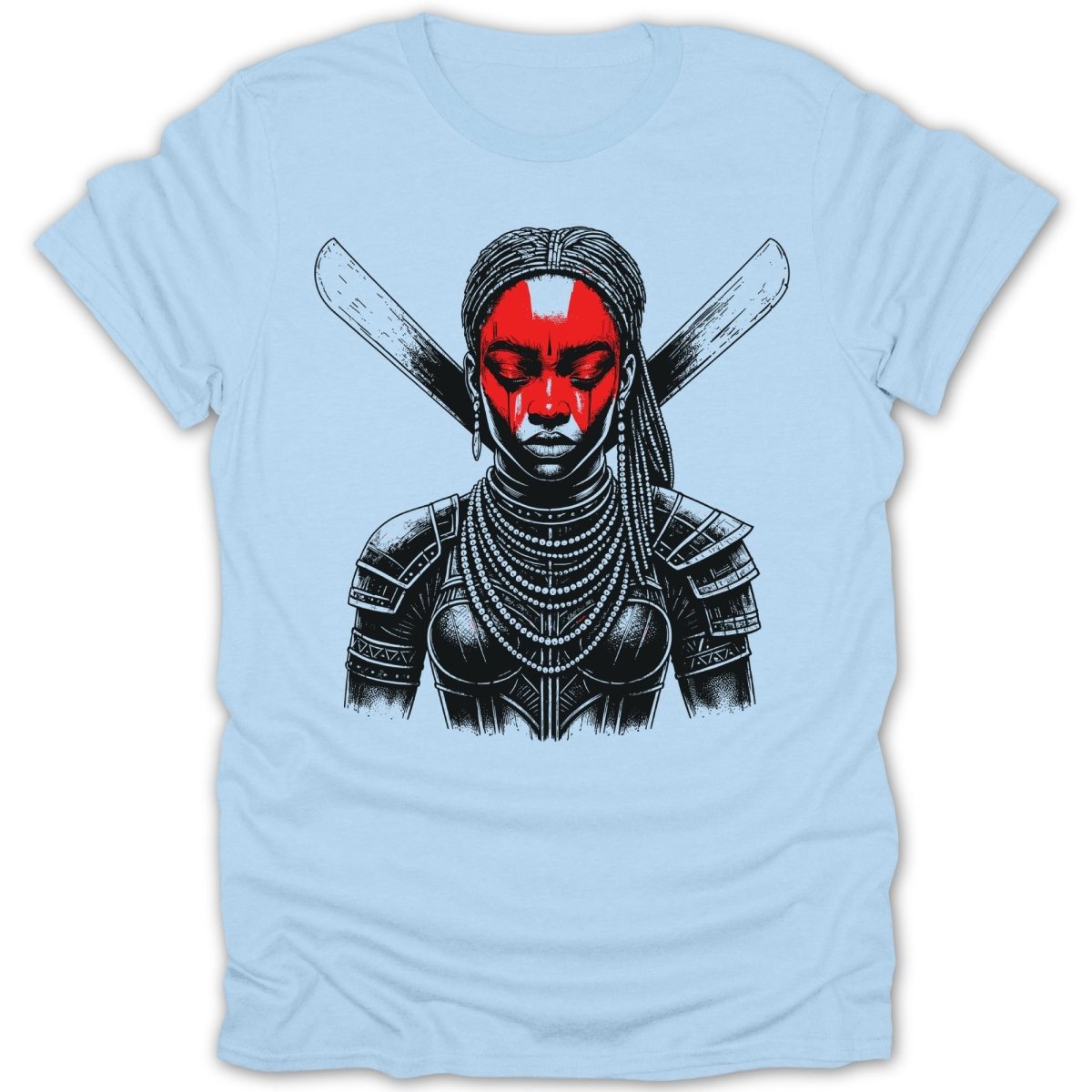 Black and white illustration of woman warrior with red face paint and crossed weapons on light blue shirt.