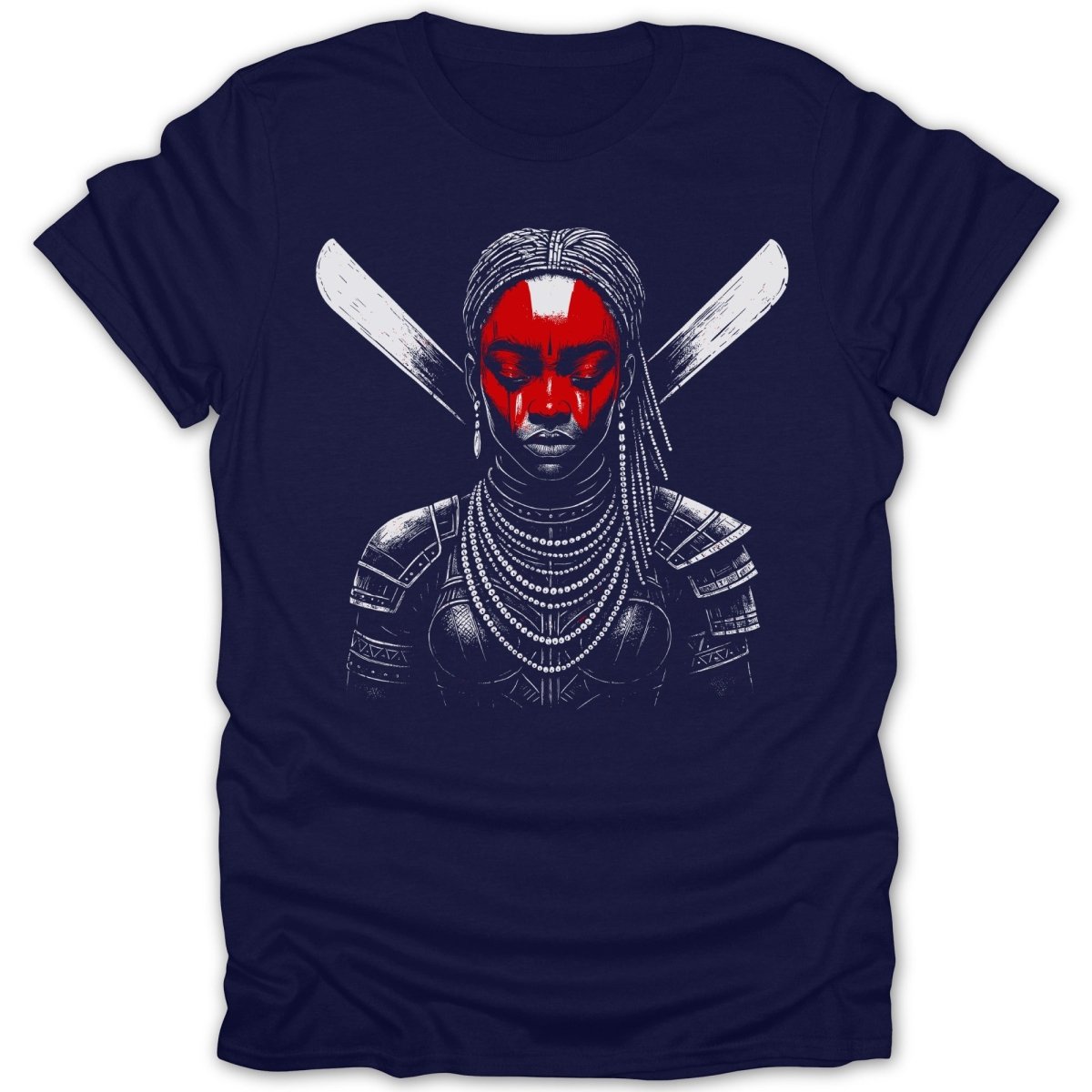 Dark t-shirt with graphic of woman with red face paint and crossed swords.