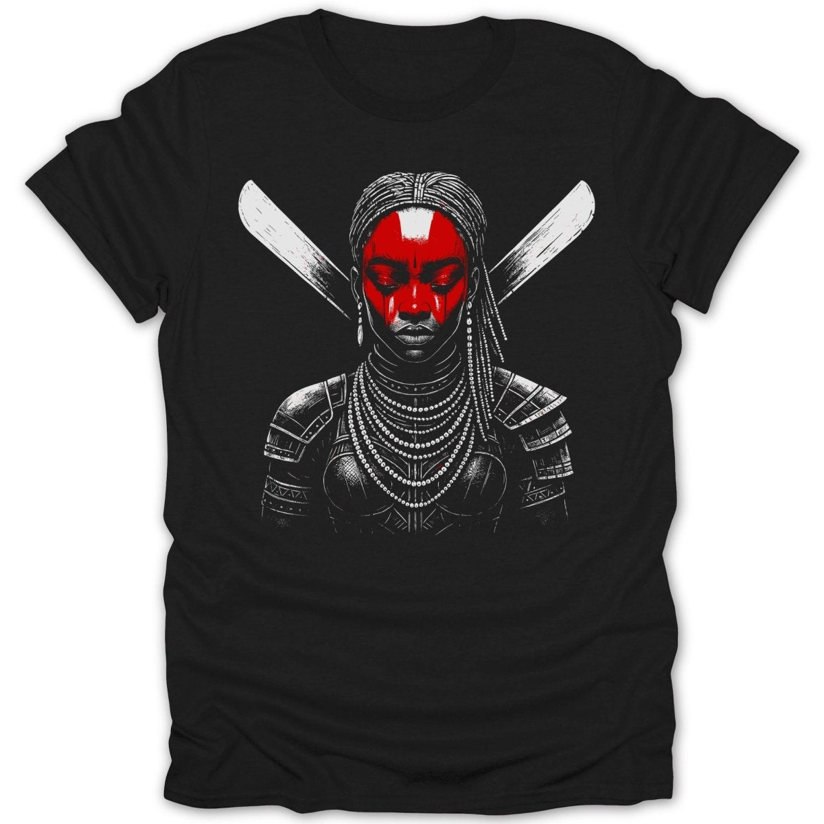 Black t-shirt with striking warrior woman graphic, red face paint, crossed weapons.