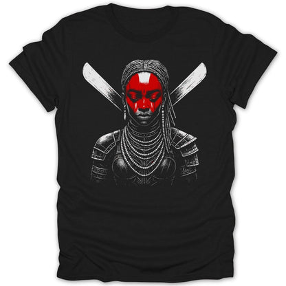 Black t-shirt with striking warrior woman graphic, red face paint, crossed weapons.