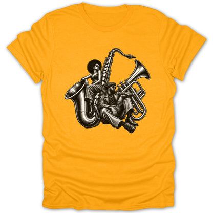 Black and white illustration of two people and musical instruments on a yellow t-shirt.