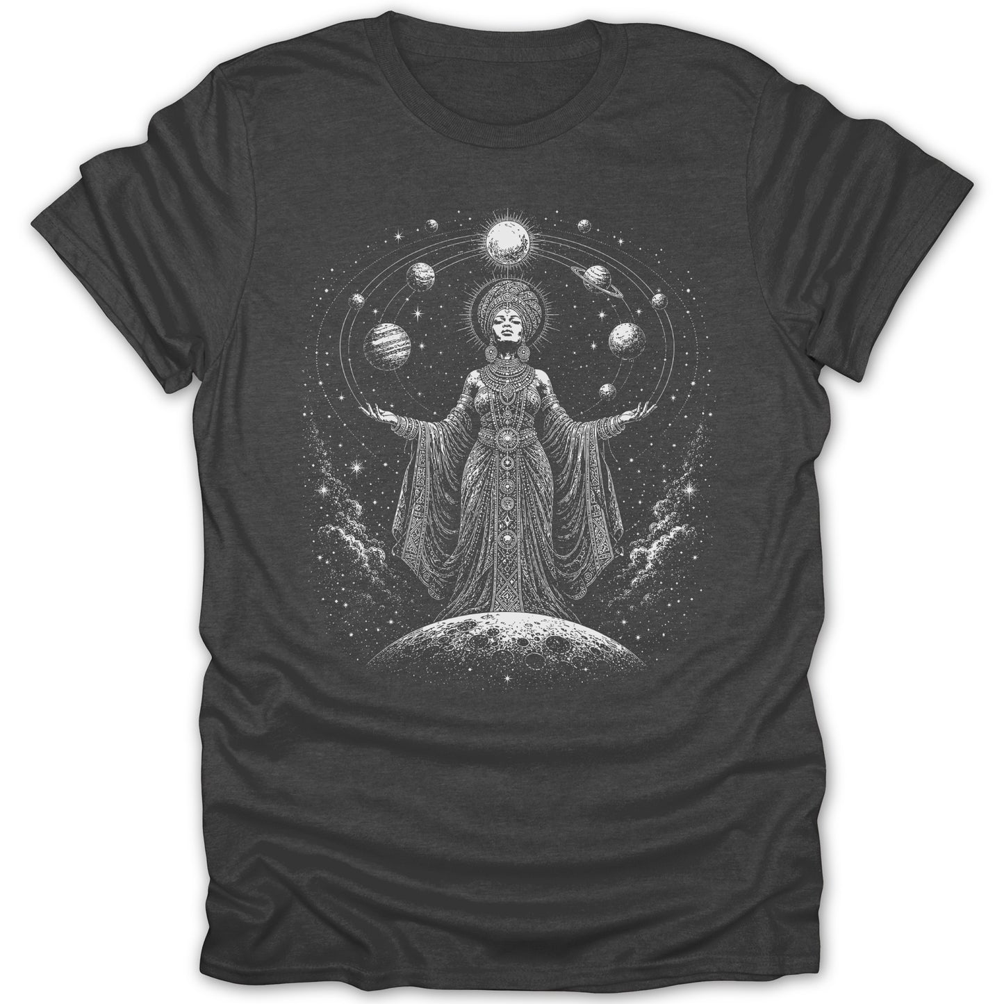 T-shirt with woman in celestial gown holding planets, surrounded by stars and clouds.