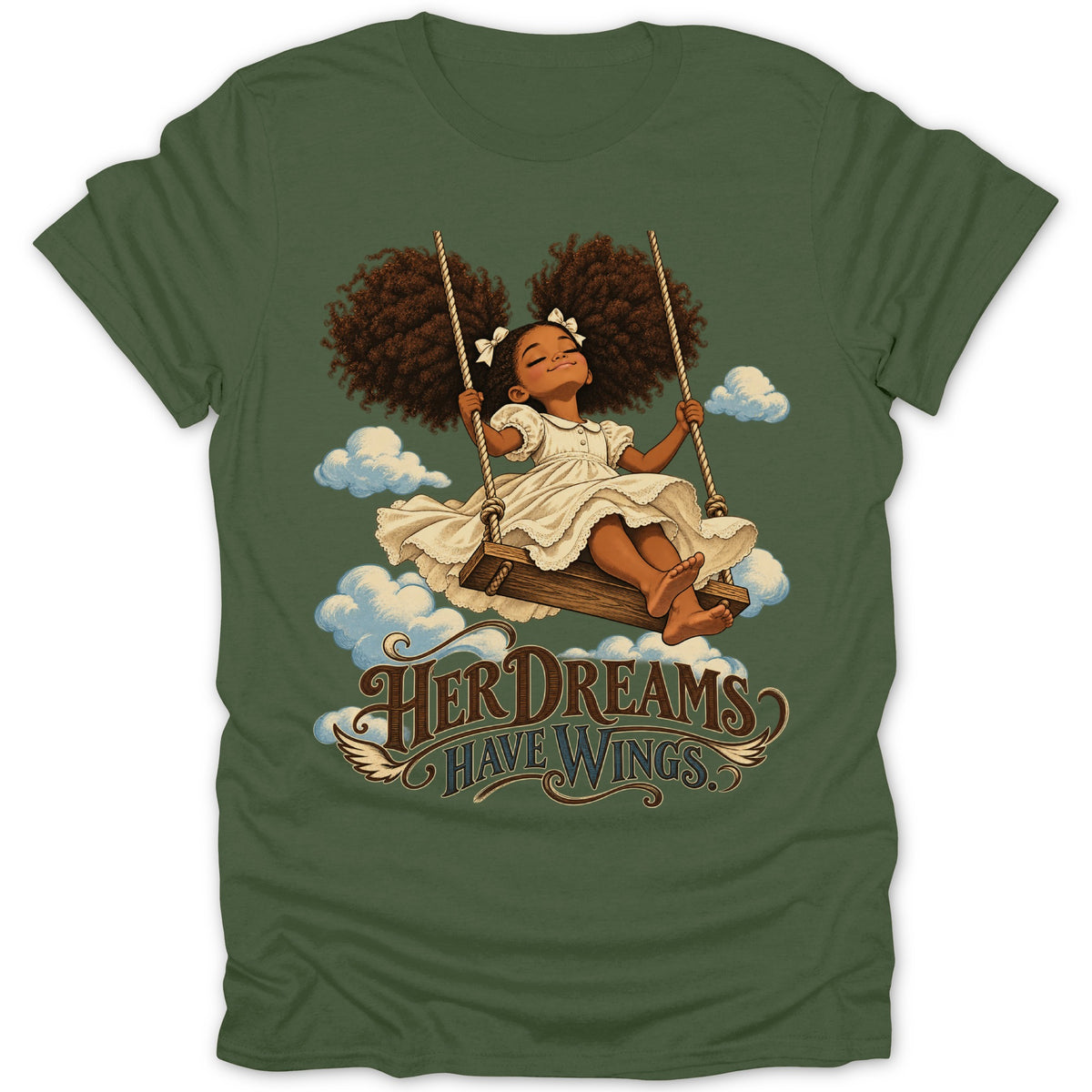 Girl on swing with text "Her Dreams Have Wings" among clouds.