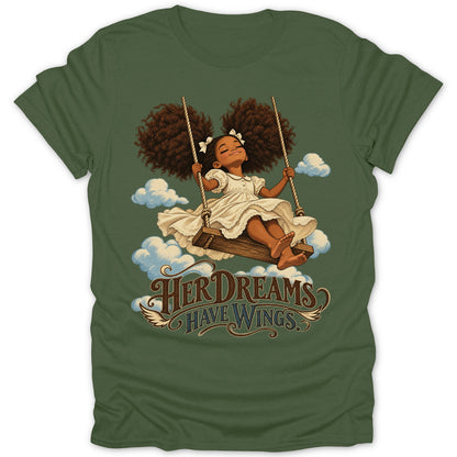 Girl on swing with text "Her Dreams Have Wings" among clouds.