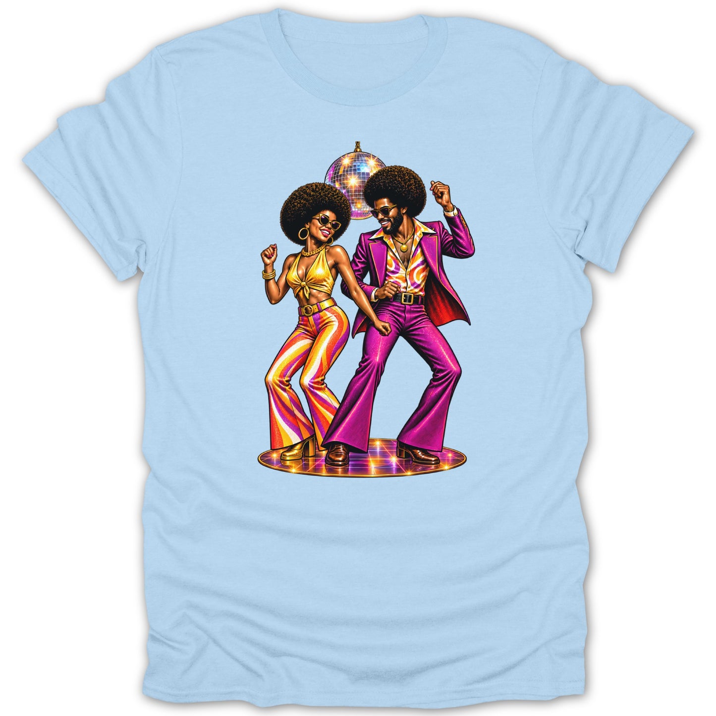 Disco dancers in retro outfits dance under a disco ball on a shiny stage.