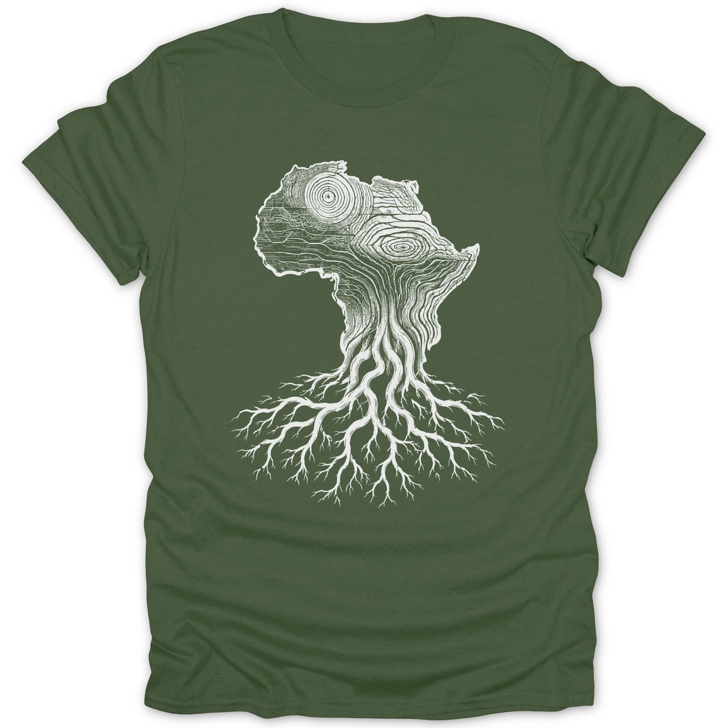 Green t-shirt with white graphic of Africa shaped like a tree trunk with roots.