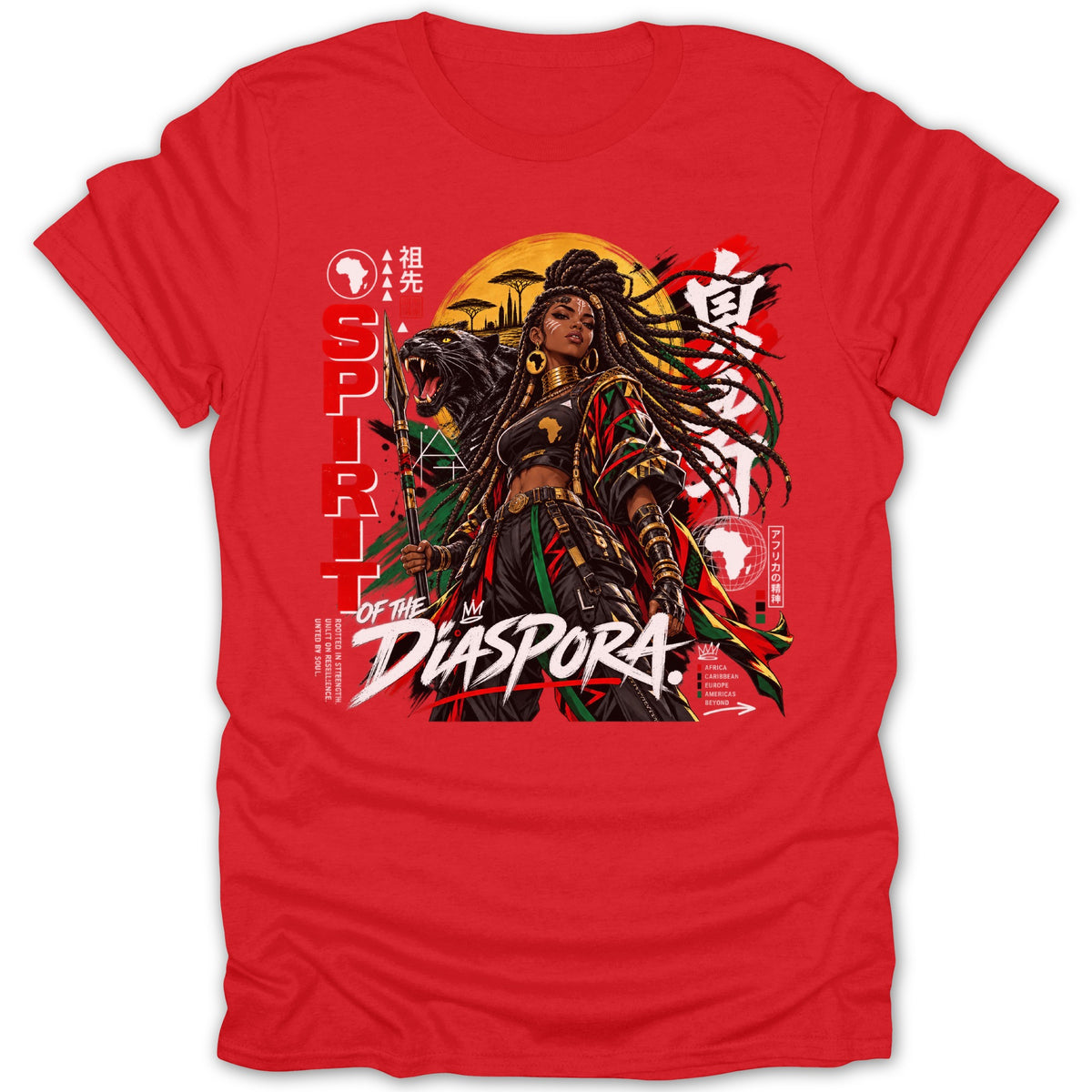 Spirit of the Diaspora artwork on a red t-shirt with a woman, panther, and cultural symbols.