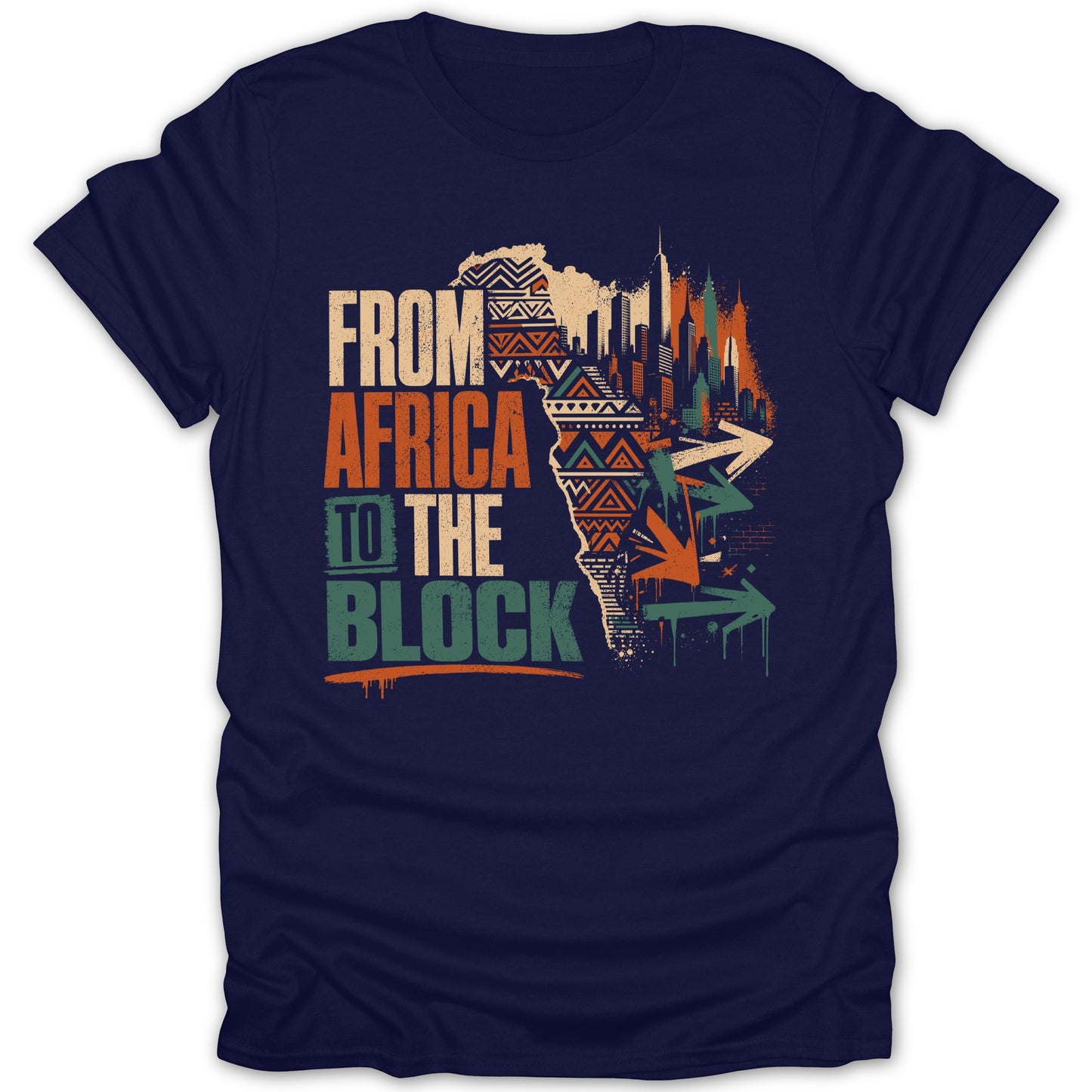 Dark blue t-shirt with "FROM AFRICA TO THE BLOCK" text and a map of Africa merging into a city skyline.