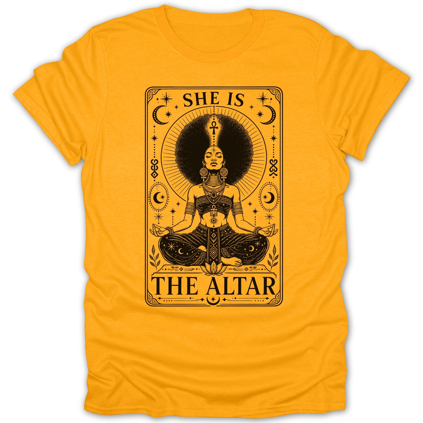 Black graphic on yellow t-shirt reads "SHE IS THE ALTAR" with meditating woman.