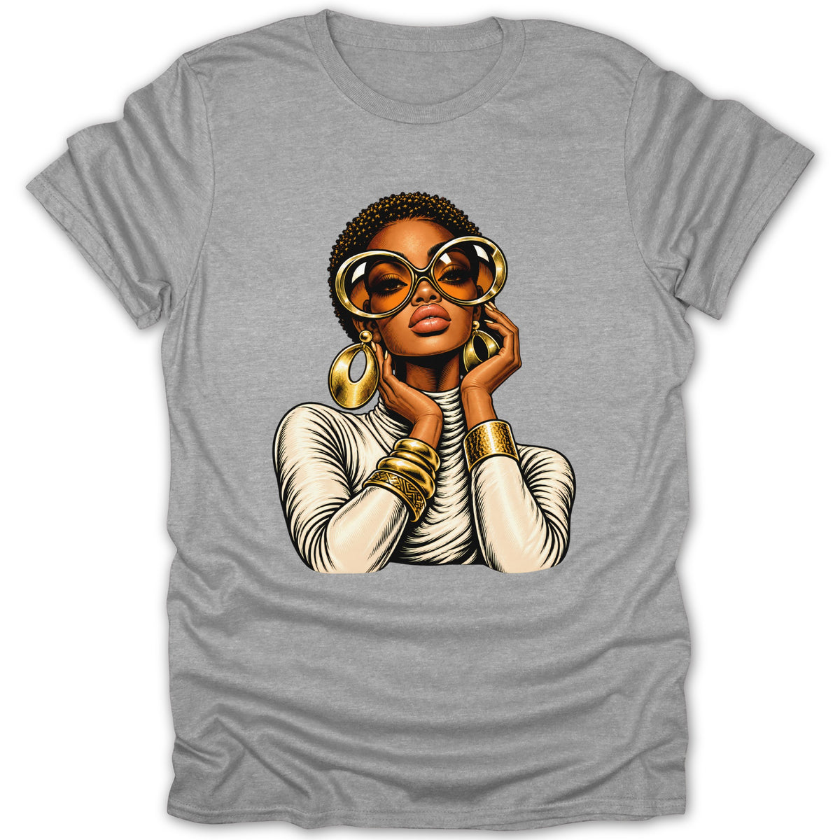 Illustration of a woman with large sunglasses and gold jewelry on a gray t-shirt.