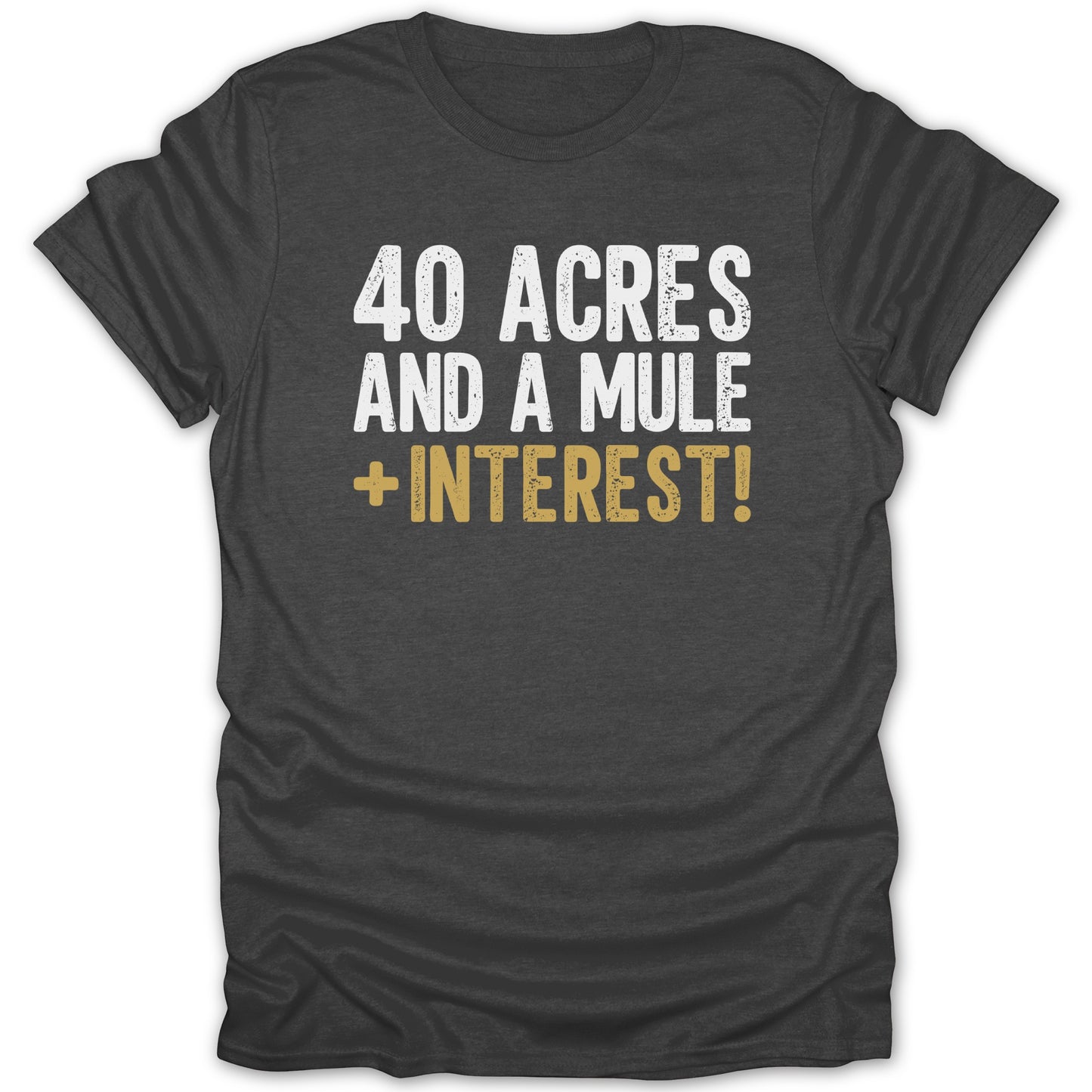 Dark grey t-shirt with white and gold text: "40 ACRES AND A MULE + INTEREST!"