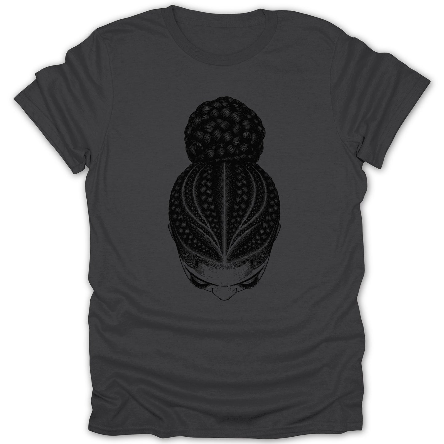 Dark grey t-shirt with a line drawing of a woman's braided hair styled in a bun.