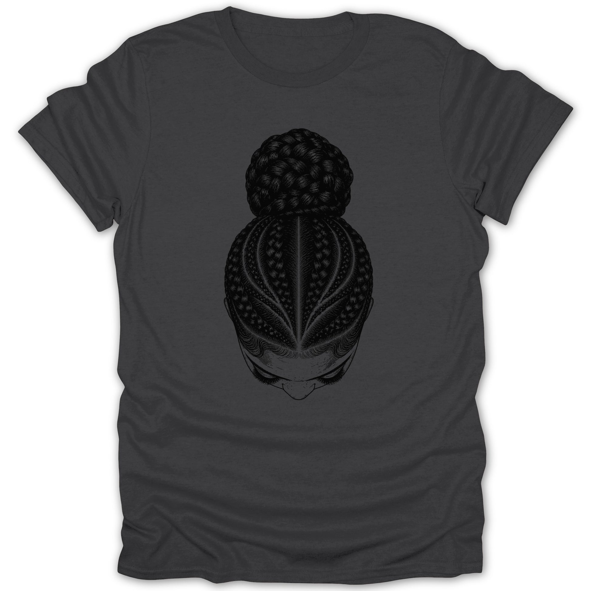 Dark grey t-shirt with a line drawing of a woman's braided hair styled in a bun.