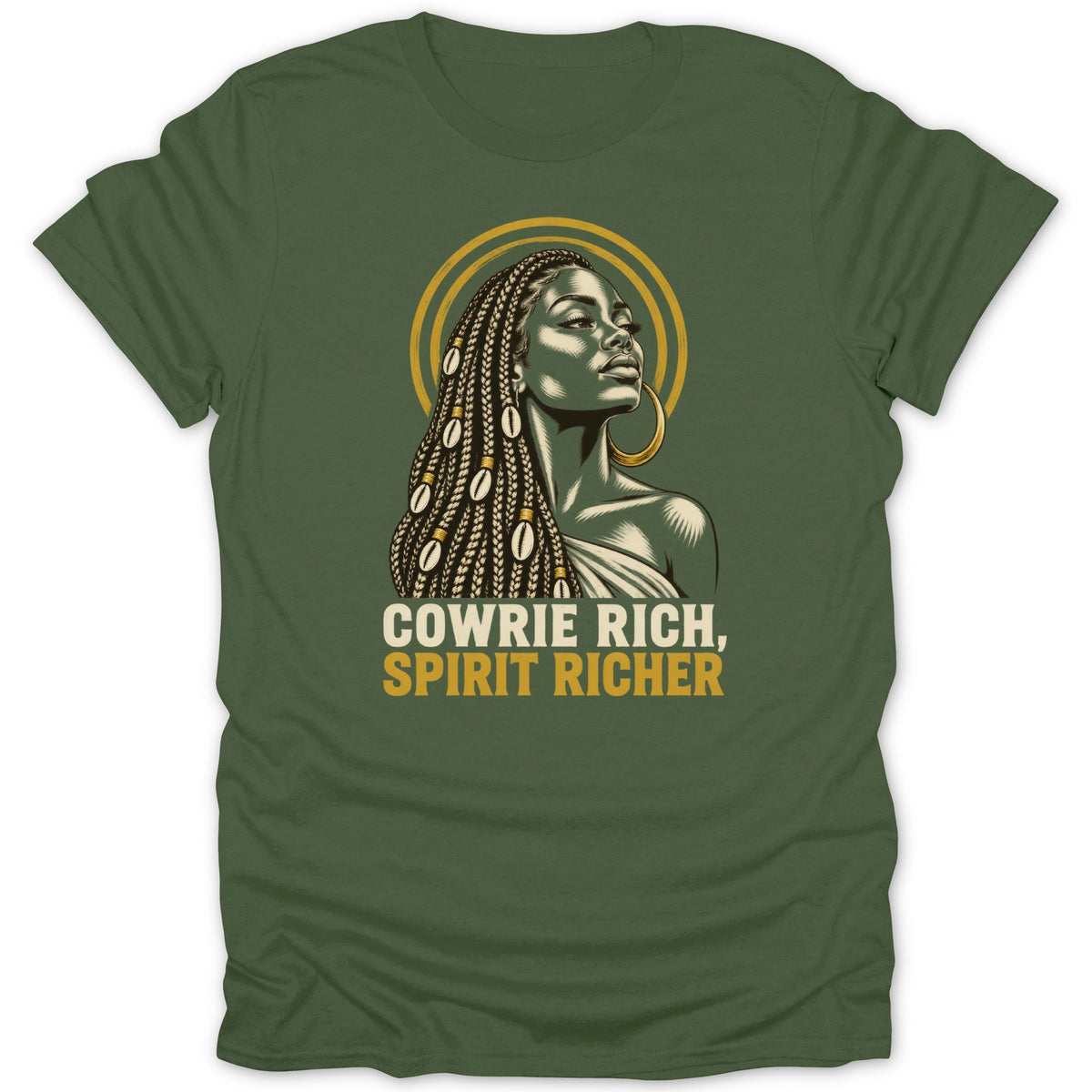 Olive green t-shirt featuring a graphic of a Black woman with braided hair and cowrie shells, with the text "COWRIE RICH, SPIRIT RICHER".