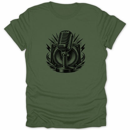 Black retro microphone in front of speaker with lightning and abstract design.