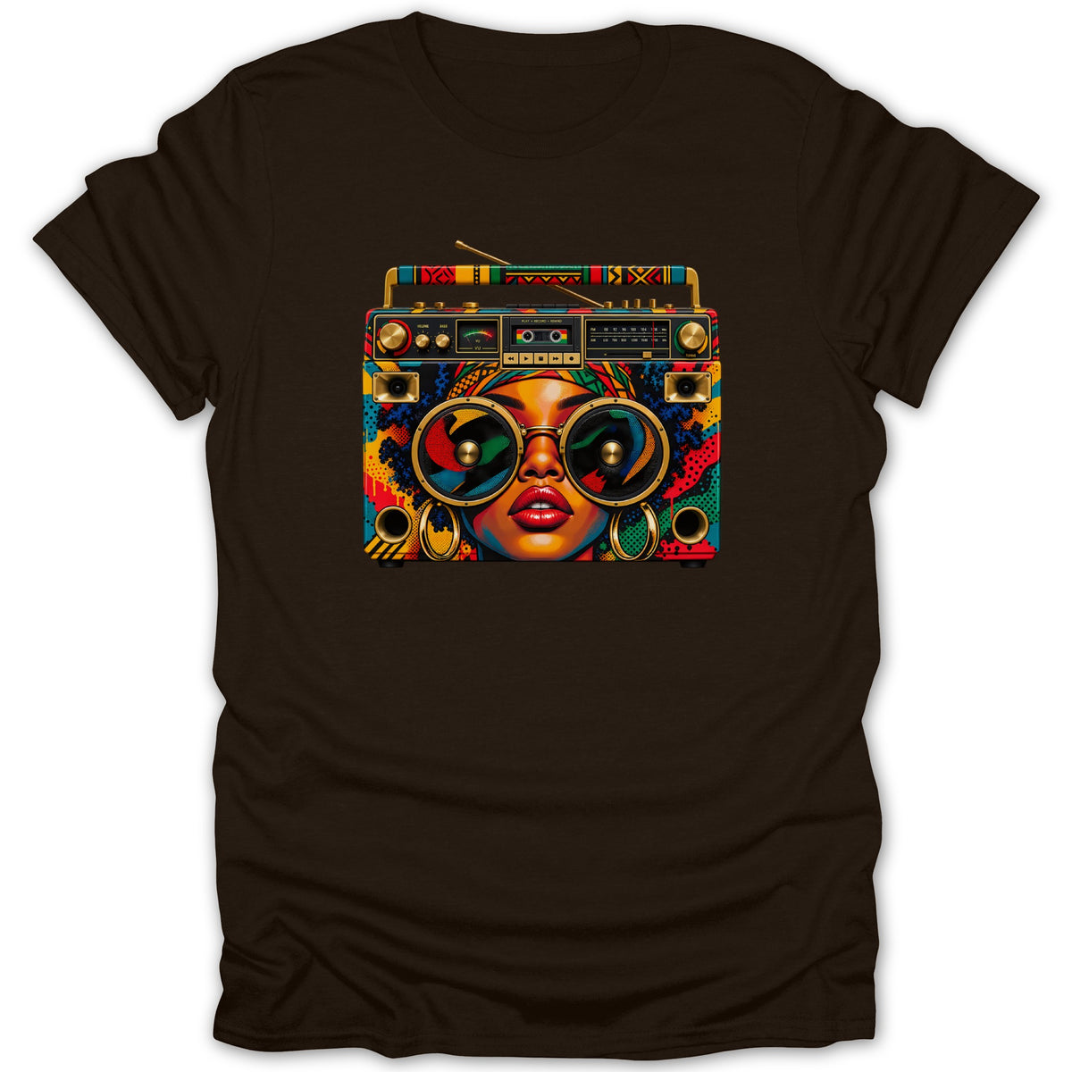 Stylized portrait of a woman with large round sunglasses on a colorful boombox.