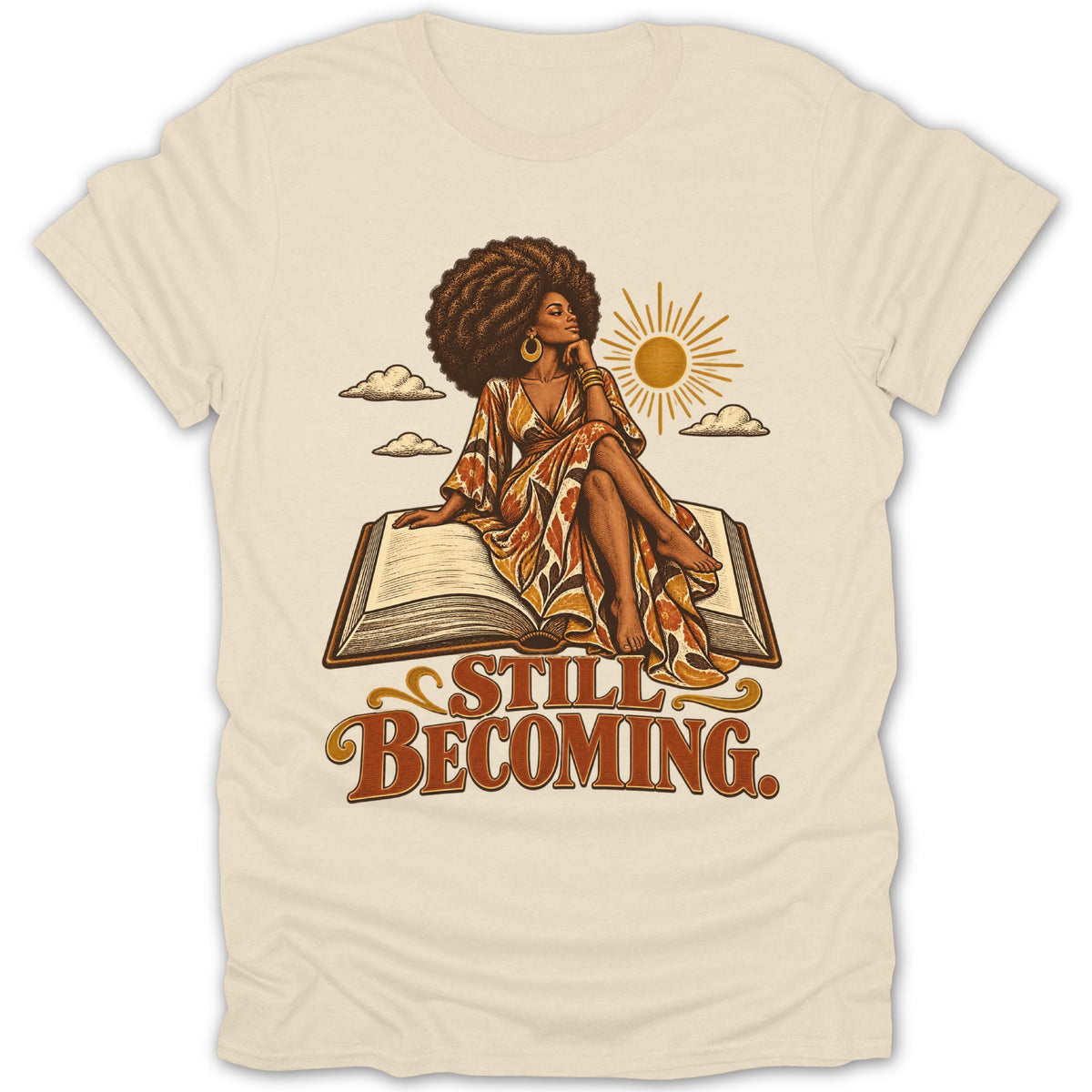 Woman with afro sitting on open book, text reads "STILL BECOMING".