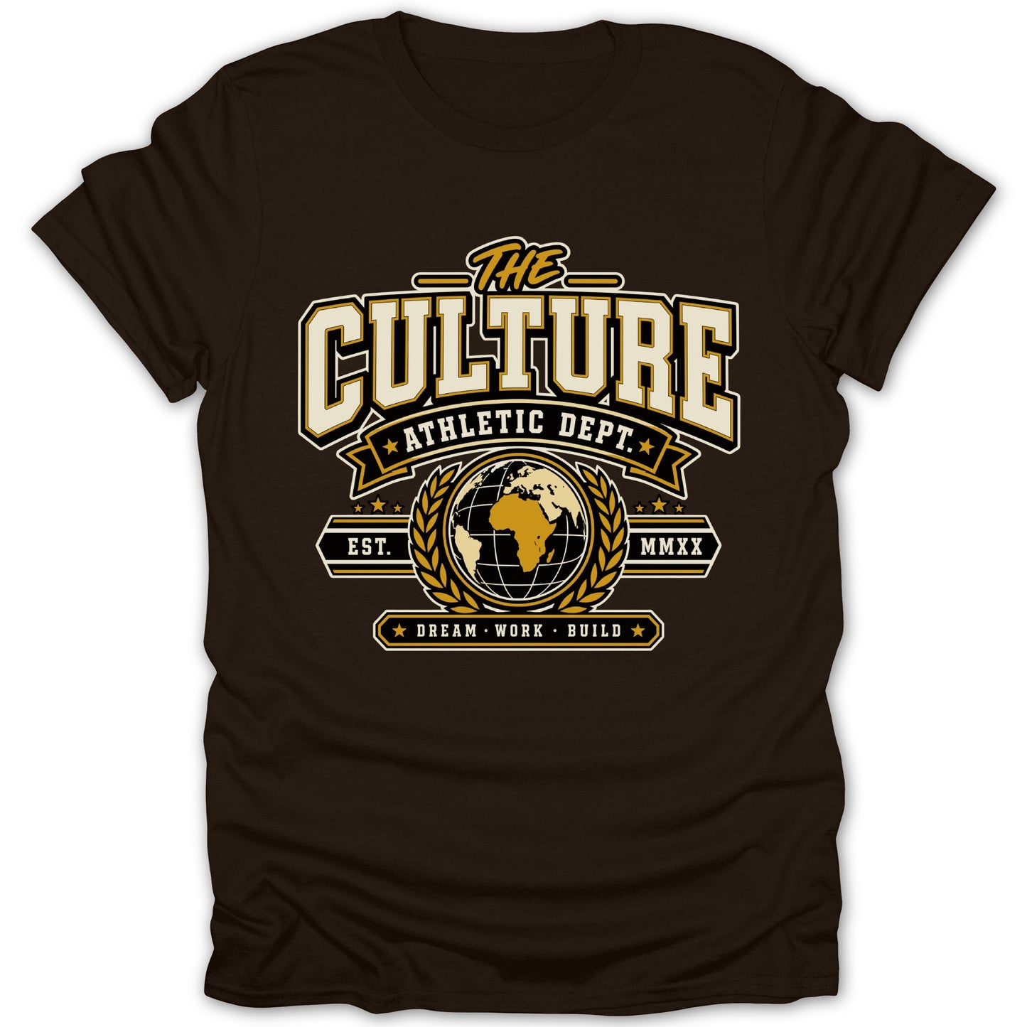 Brown t-shirt with "The Culture Athletic Dept." text, globe, and laurel wreath design.