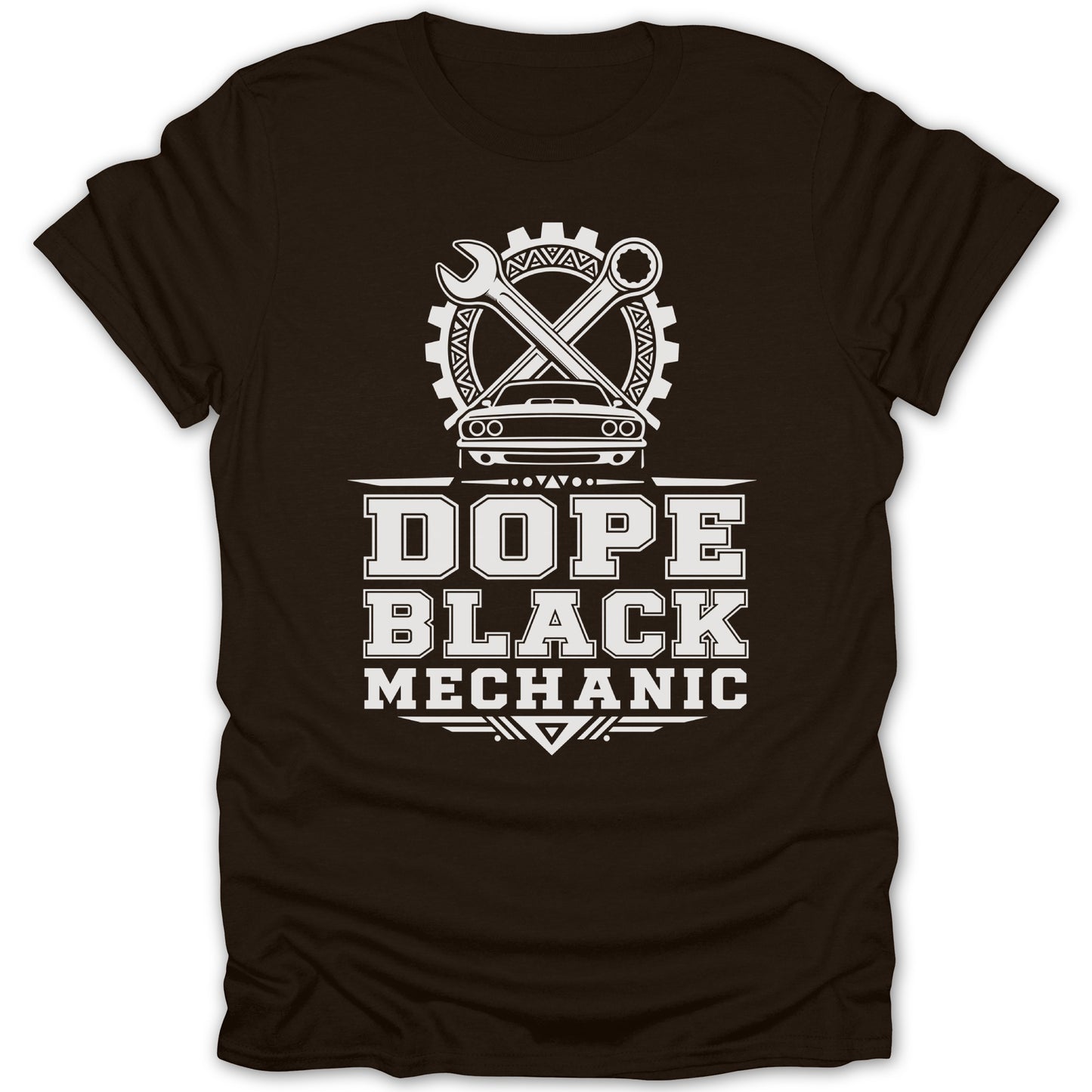 Brown t-shirt with white text and graphics; "DOPE BLACK MECHANIC".