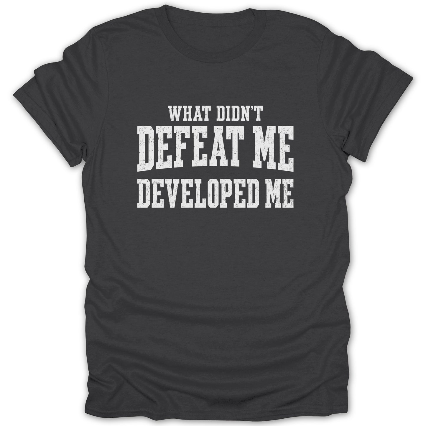 Dark gray t-shirt with white distressed text: "WHAT DIDN'T DEFEAT ME DEVELOPED ME".