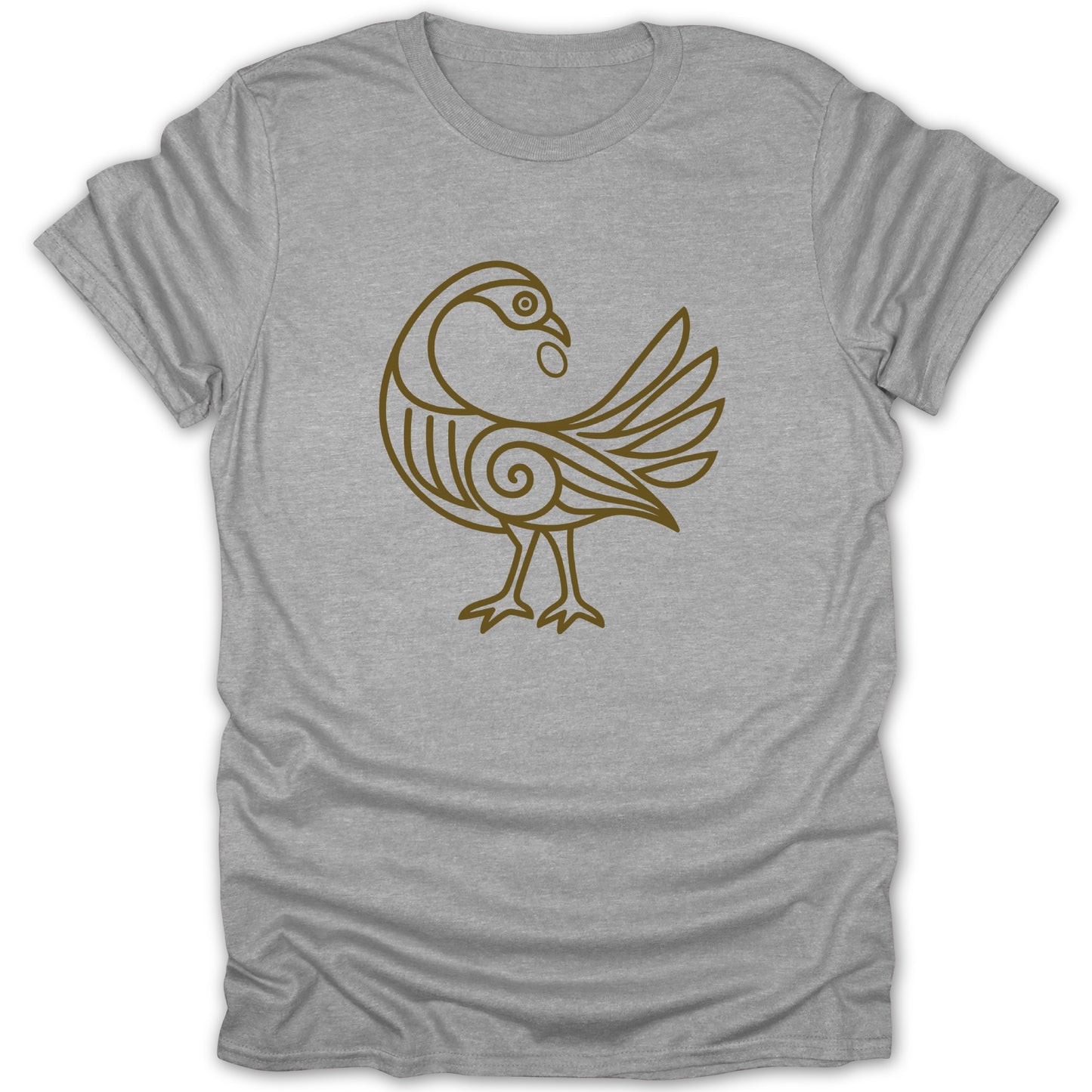 Grey t-shirt with a stylized brown bird outline design.