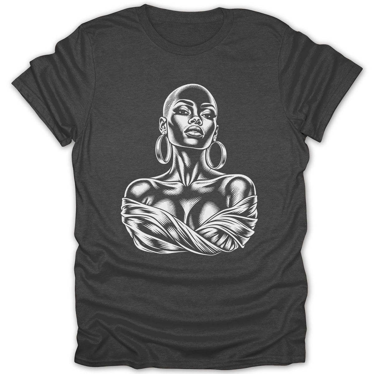 T-shirt with a white woodcut-style illustration of a bald woman with hoop earrings.