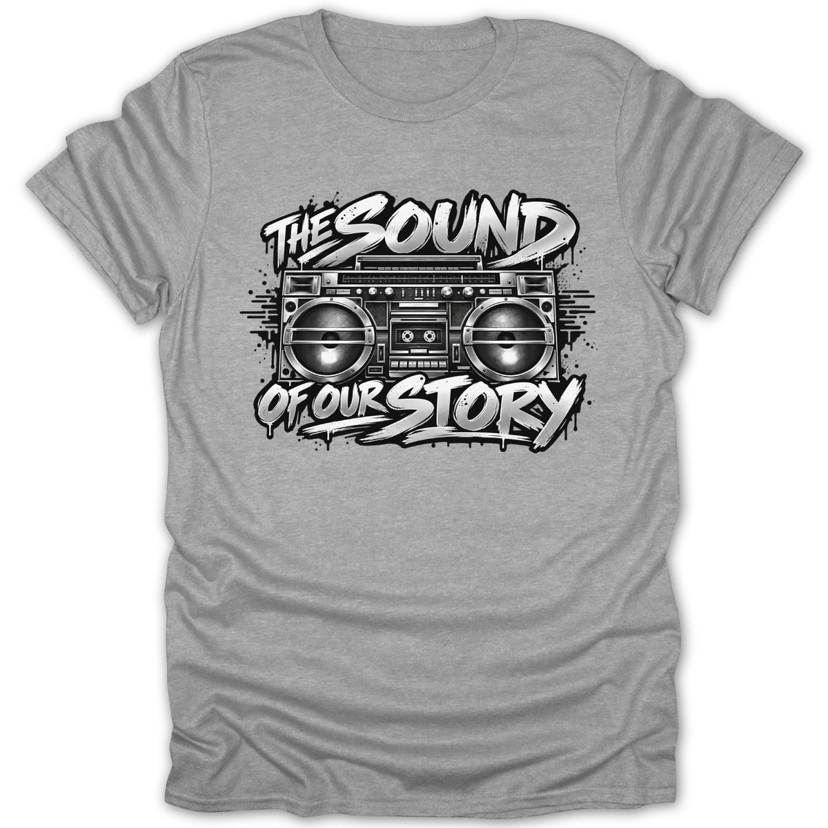 Grey t-shirt with a black and white graphic of a boombox and text.