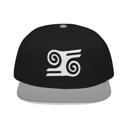 Black flat-brimmed baseball cap with white spiral logo on front.