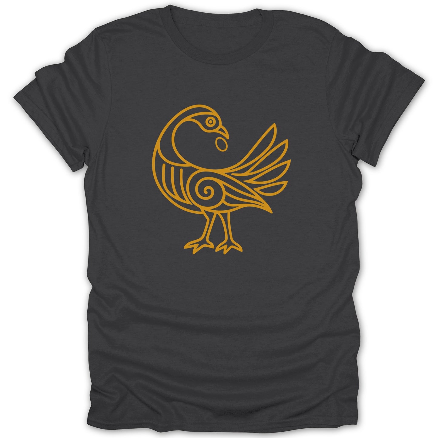 Dark grey t-shirt with a stylized yellow bird graphic with swirls.