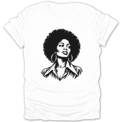 A white short-sleeve t-shirt featuring a black and white graphic illustration of a woman with an afro.