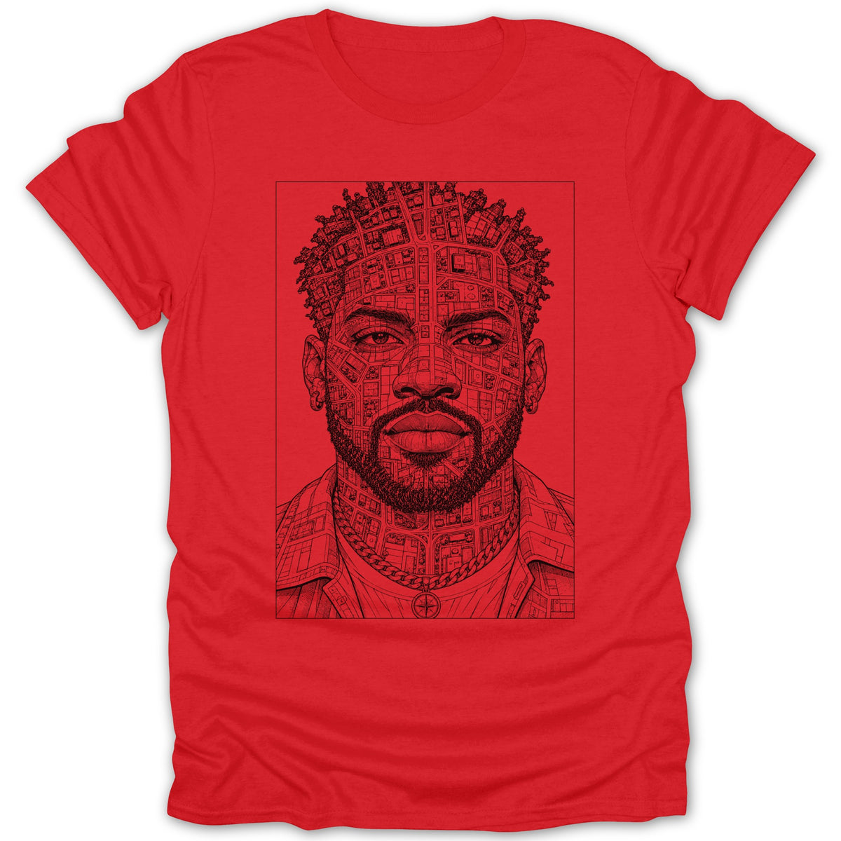 Red t-shirt with a black line drawing of a man's face composed of city blocks.
