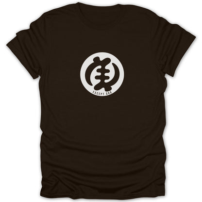 A dark brown t-shirt featuring a white circular graphic with the Gye Nyame symbol and text that reads EXCEPT GOD.