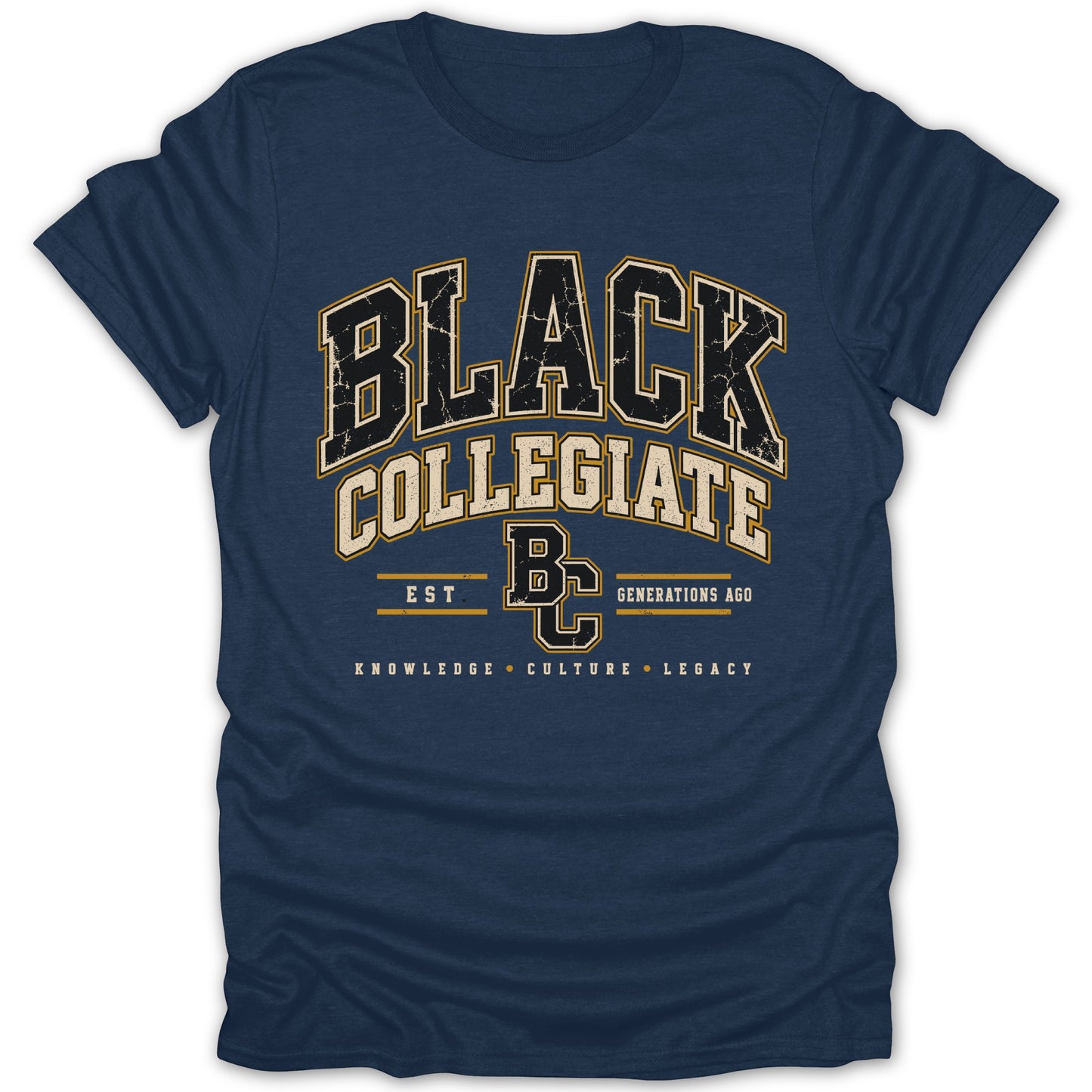 Navy t-shirt with "Black Collegiate" text and "BC" logo.