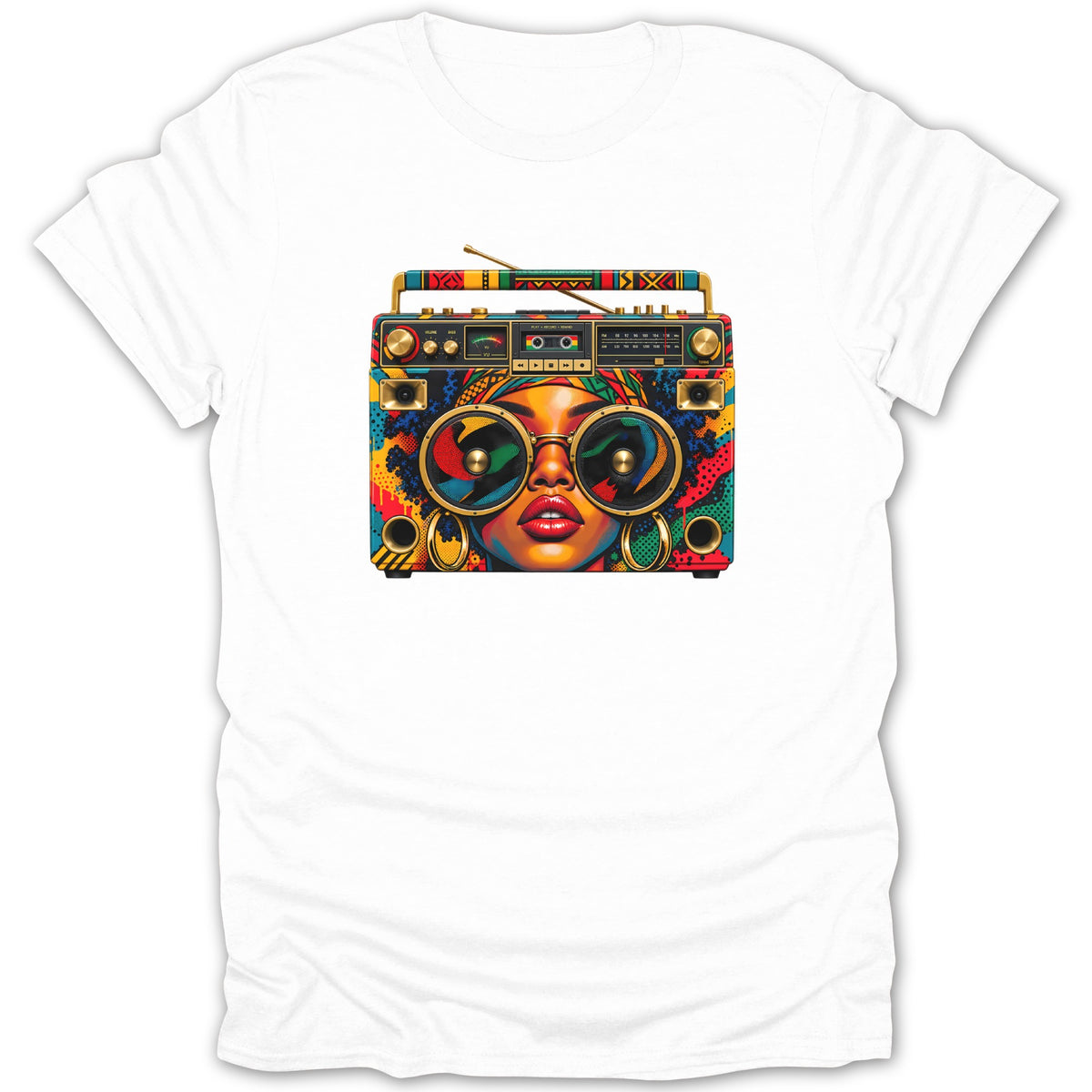Colorful retro boombox graphic featuring a woman's face with large round sunglasses and gold hoop earrings.
