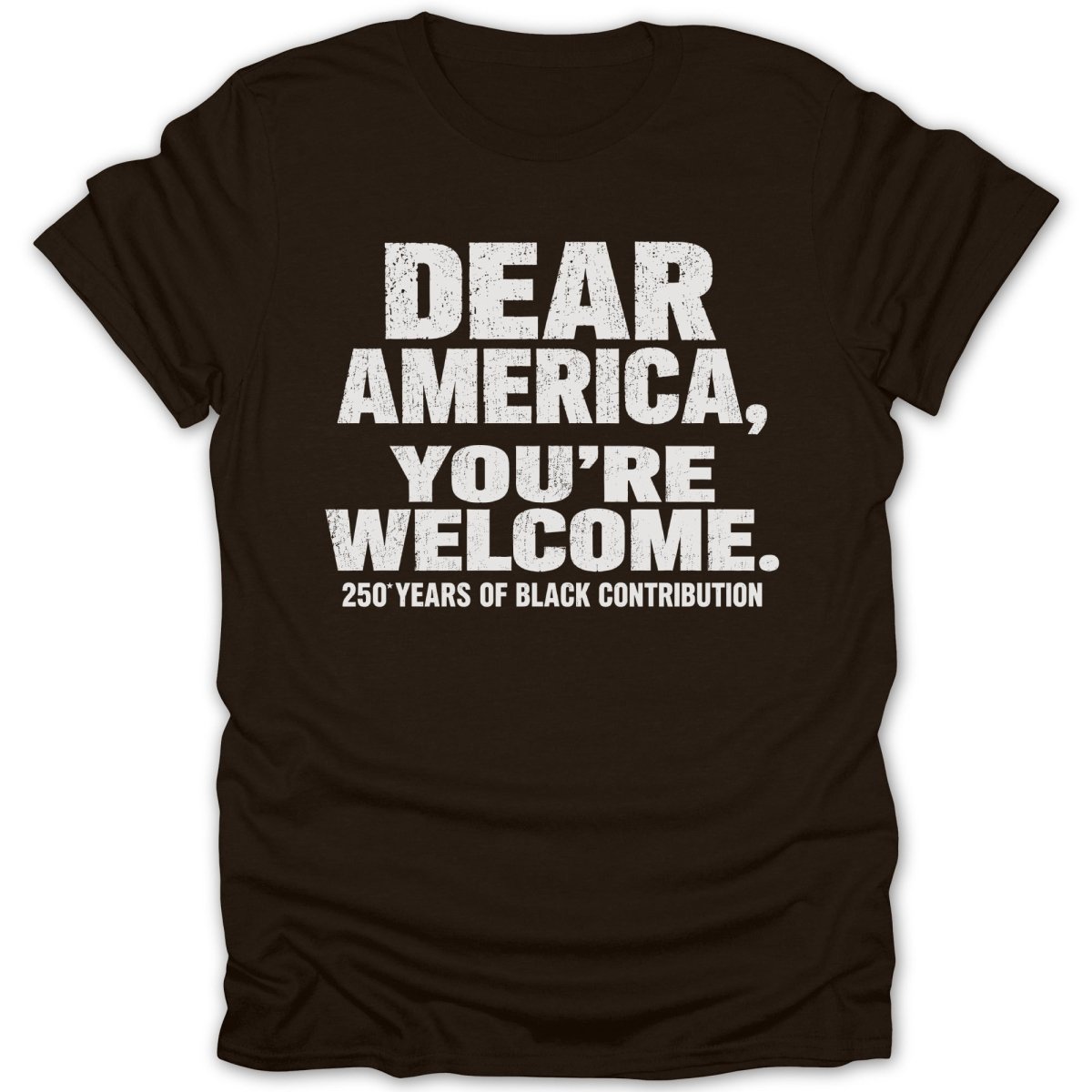 Black t-shirt with white text "Dear America, You're Welcome. 250 Years of Black Contribution."