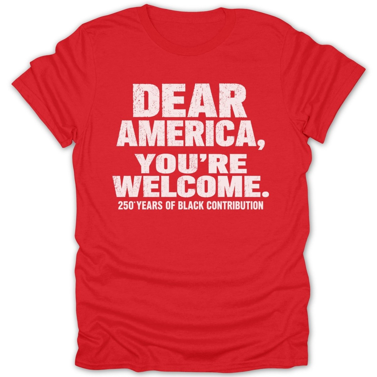 Red t-shirt with "Dear America, You're Welcome. 250 Years of Black Contribution" text.