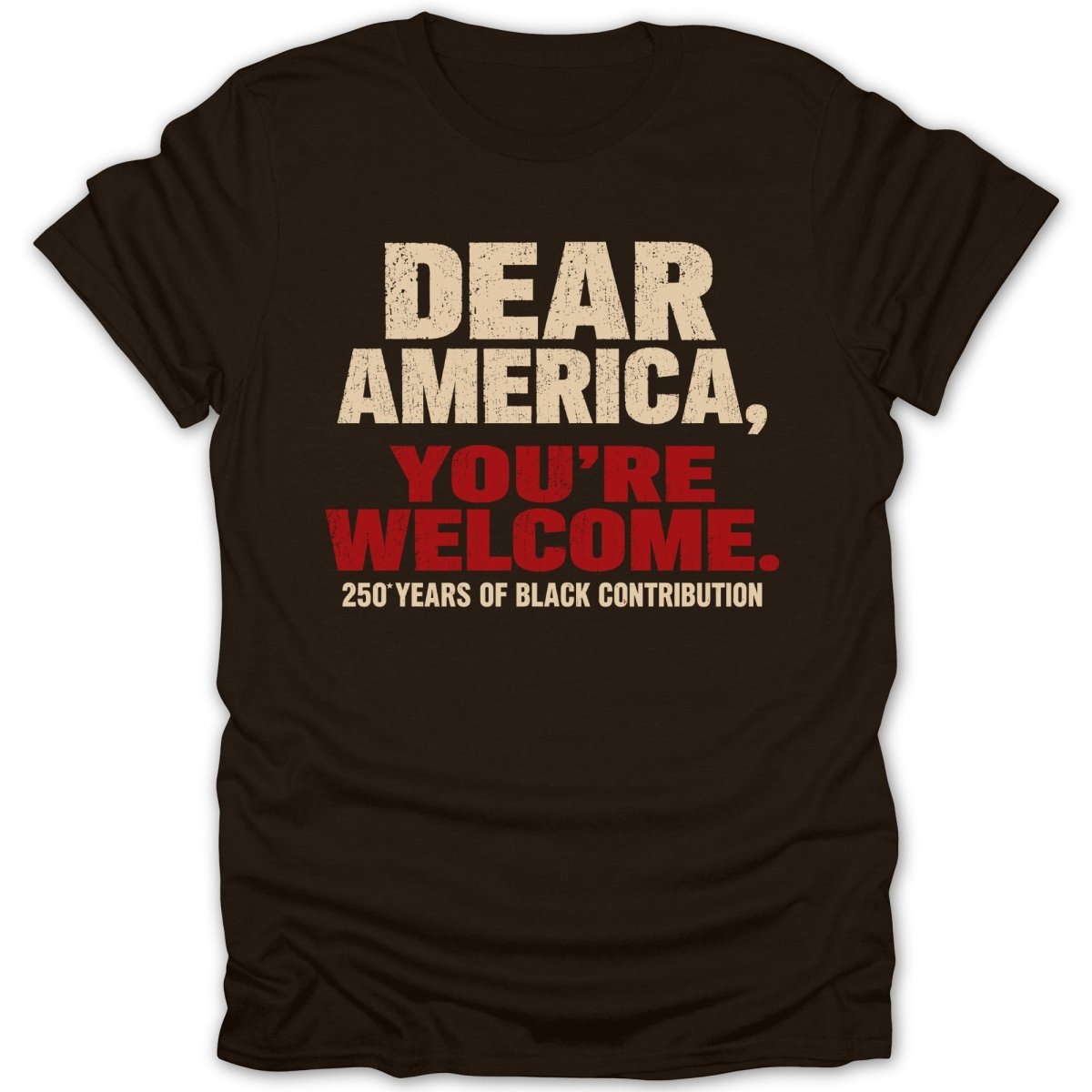 Brown t-shirt with text "DEAR AMERICA, YOU'RE WELCOME. 250 YEARS OF BLACK CONTRIBUTION."