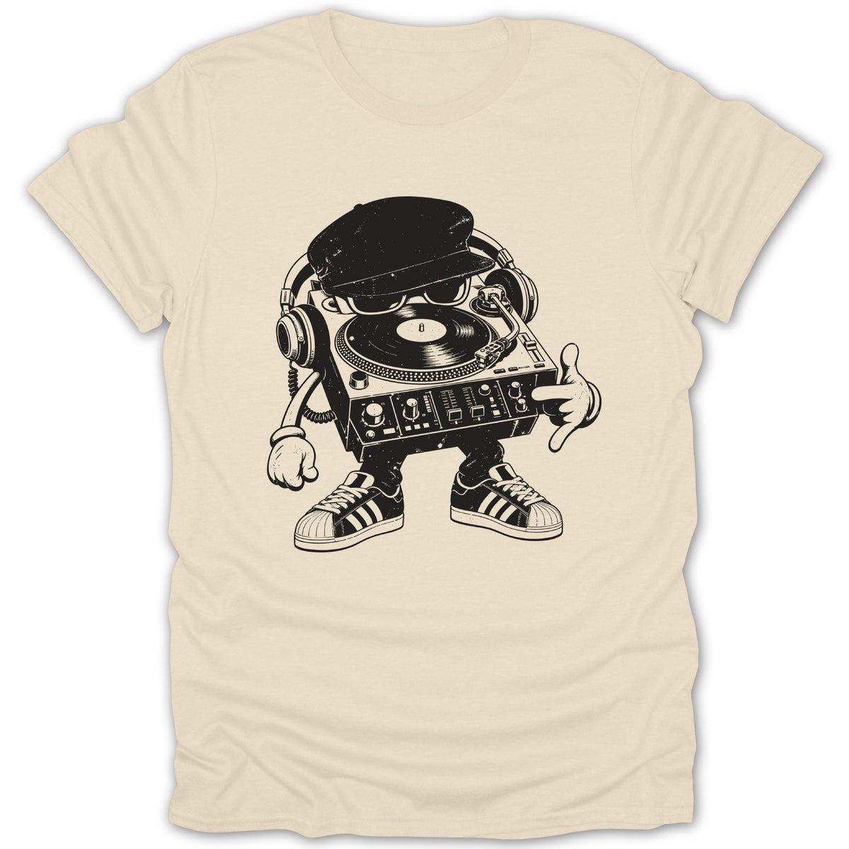 Cartoony DJ turntable character wearing headphones, sunglasses, and hat, with sneakers.