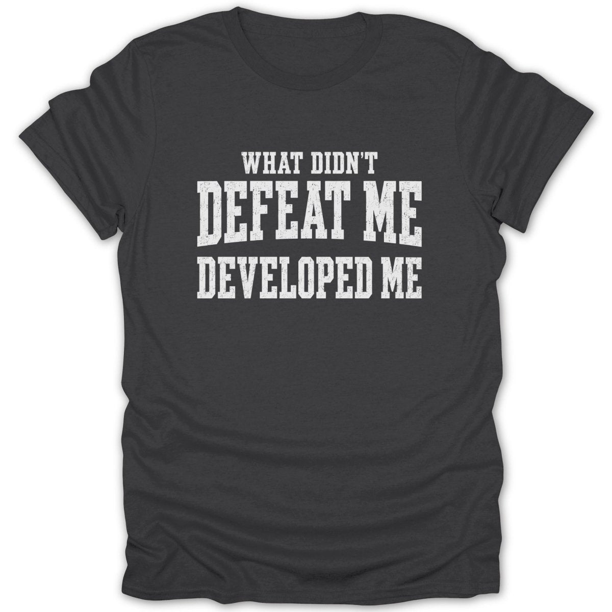 Dark gray t-shirt with white distressed text: "WHAT DIDN'T DEFEAT ME DEVELOPED ME".
