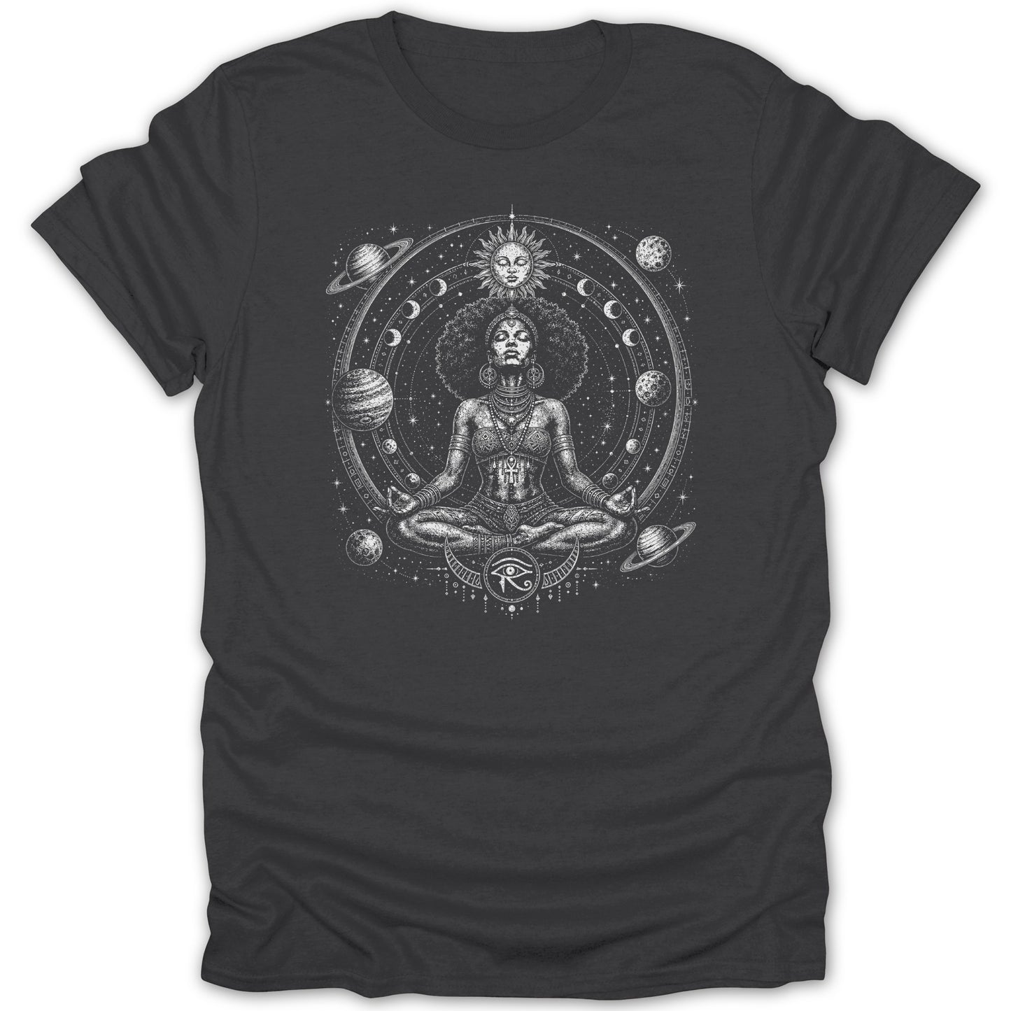 Black t-shirt with a celestial design of a meditating woman surrounded by planets and stars.