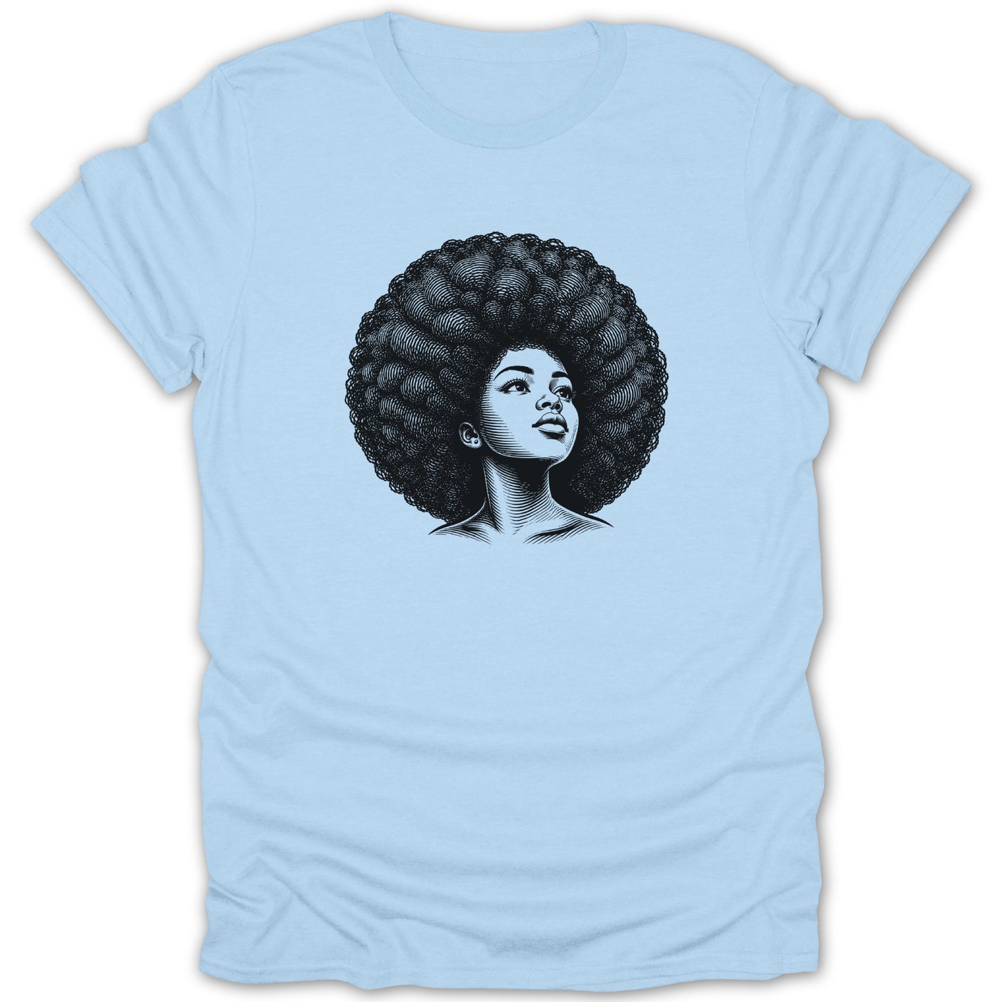 Line art of a woman with large afro looking upward on a light blue t-shirt.