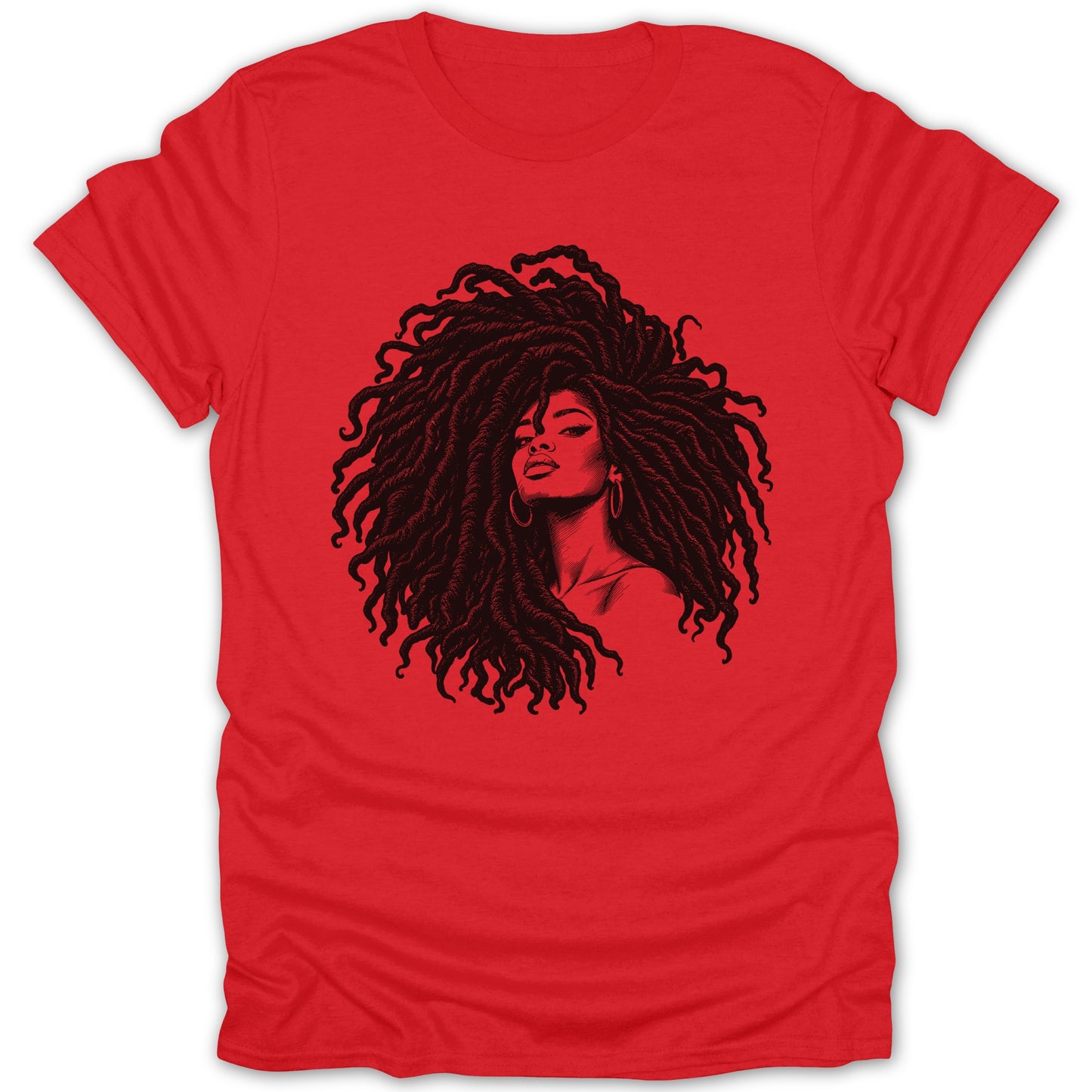 Red t-shirt with a black graphic of a woman with large dreadlocks.